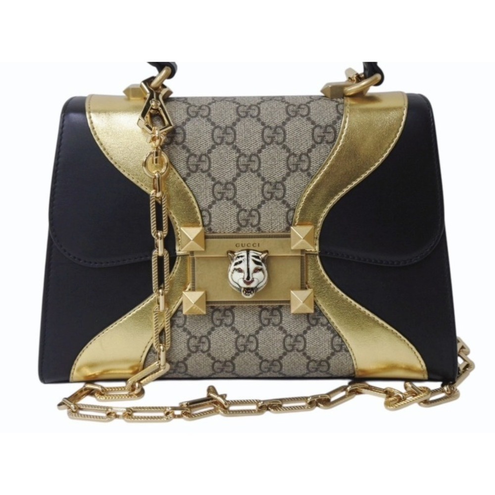 Gucci Handbag Gold Black Calfskin Head Supreme GG Tiger